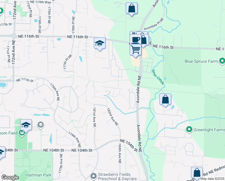 map of restaurants, bars, coffee shops, grocery stores, and more near 18208 Northeast 110th Street in Redmond