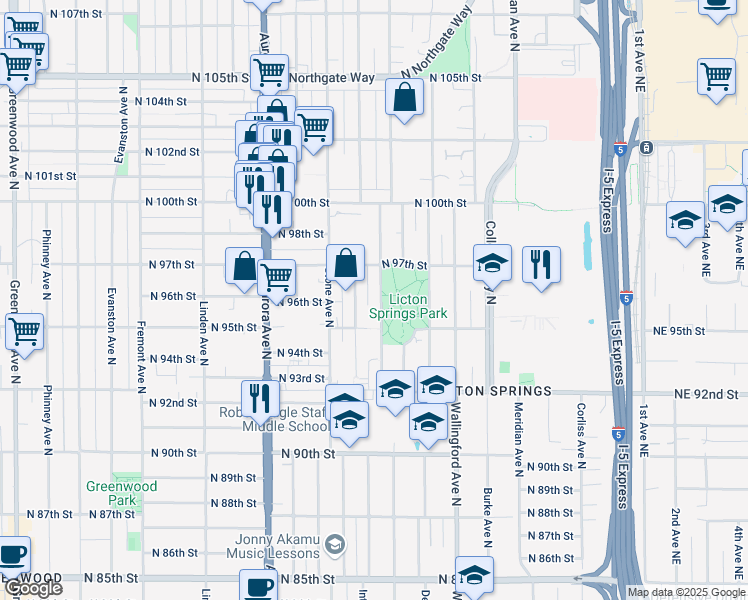 map of restaurants, bars, coffee shops, grocery stores, and more near 9523 Ashworth Avenue North in Seattle