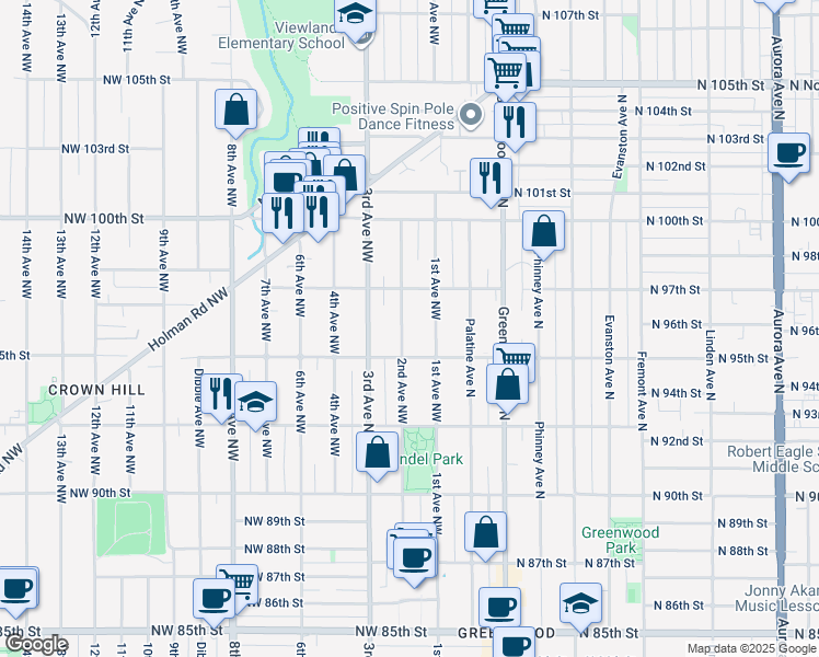 map of restaurants, bars, coffee shops, grocery stores, and more near 9521 2nd Avenue Northwest in Seattle