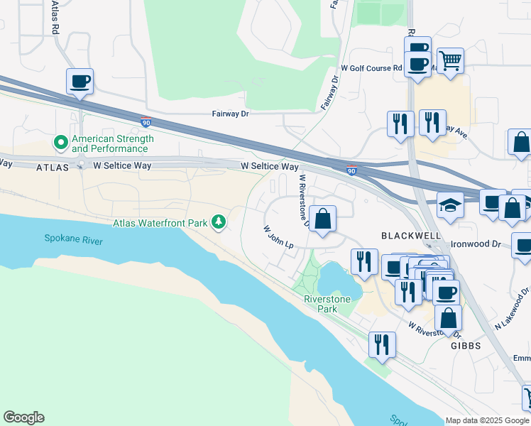 map of restaurants, bars, coffee shops, grocery stores, and more near 2337 John Loop in Coeur d'Alene
