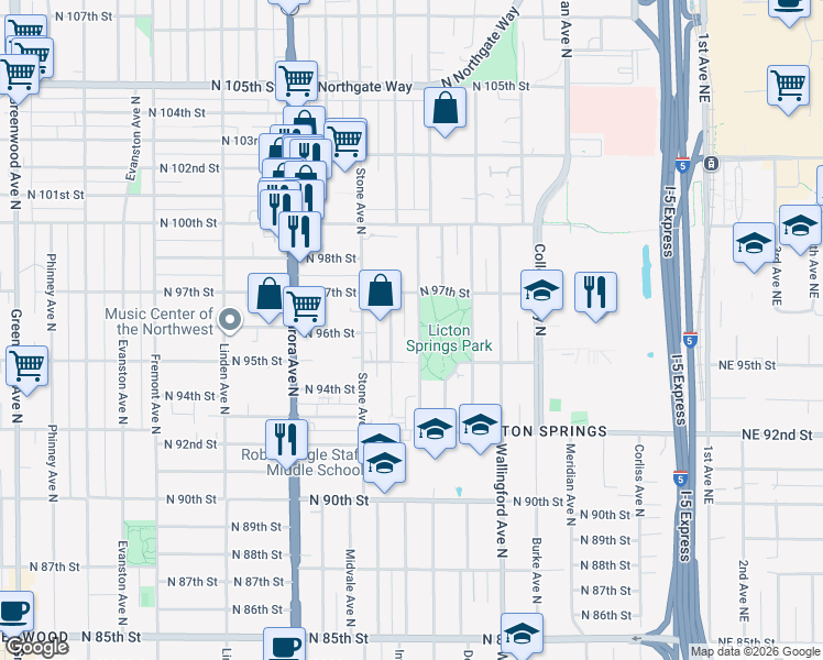 map of restaurants, bars, coffee shops, grocery stores, and more near 9523 Ashworth Avenue North in Seattle