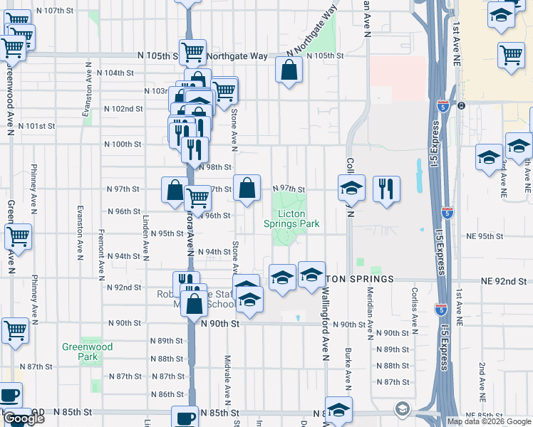 map of restaurants, bars, coffee shops, grocery stores, and more near 9523 Ashworth Avenue North in Seattle