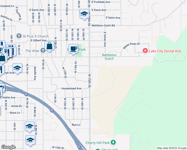 map of restaurants, bars, coffee shops, grocery stores, and more near 2288 North 15th Street in Coeur d'Alene