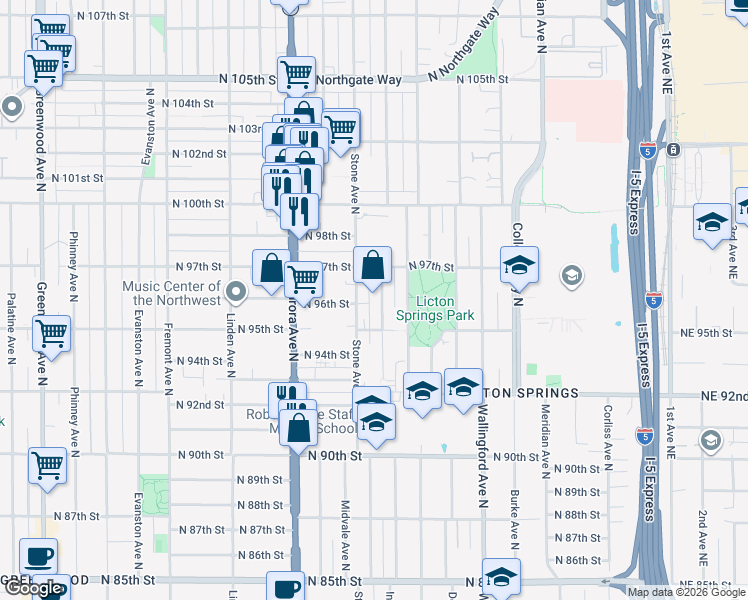 map of restaurants, bars, coffee shops, grocery stores, and more near 9514 Stone Avenue North in Seattle