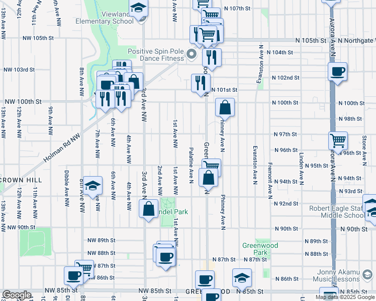 map of restaurants, bars, coffee shops, grocery stores, and more near 9520 Palatine Avenue North in Seattle