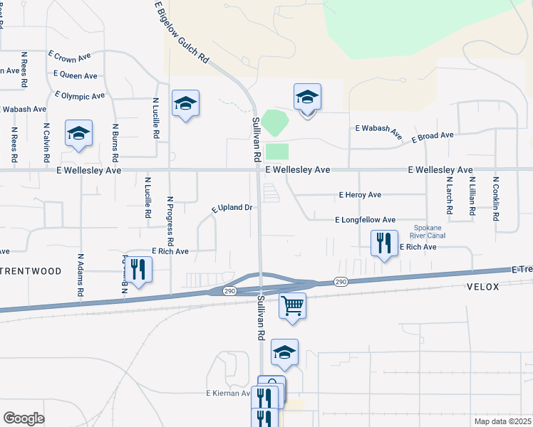 map of restaurants, bars, coffee shops, grocery stores, and more near 4510 North Sullivan Road in Spokane Valley