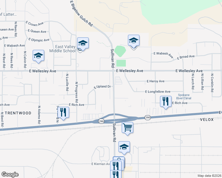 map of restaurants, bars, coffee shops, grocery stores, and more near 4517 North Sullivan Road in Spokane Valley