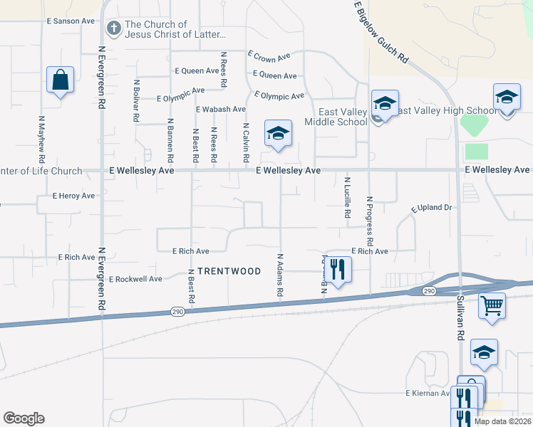 map of restaurants, bars, coffee shops, grocery stores, and more near 4520 North Warren Road in Spokane Valley