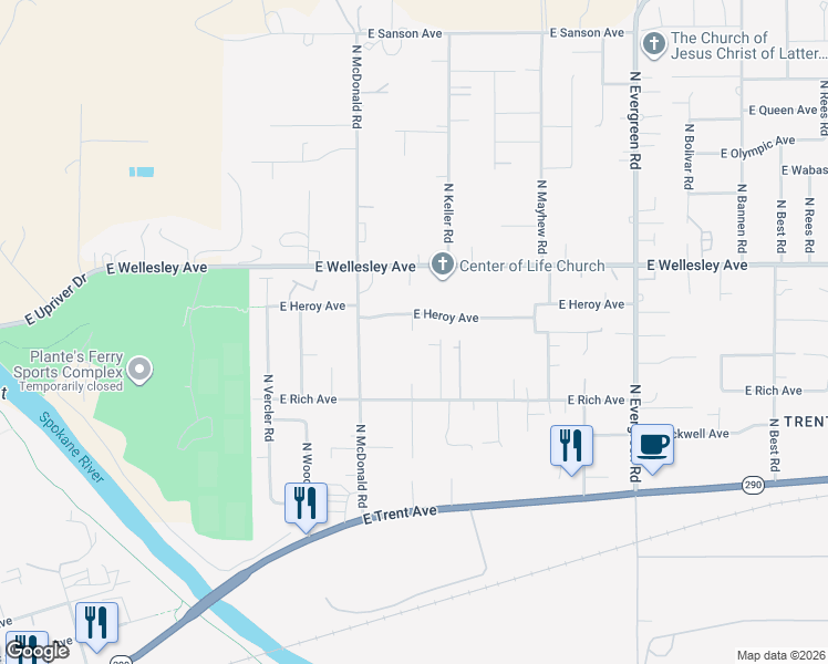 map of restaurants, bars, coffee shops, grocery stores, and more near 4606 North Silas Road in Spokane Valley