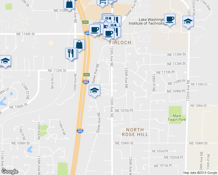 map of restaurants, bars, coffee shops, grocery stores, and more near 12317 Northeast 109th Place in Kirkland