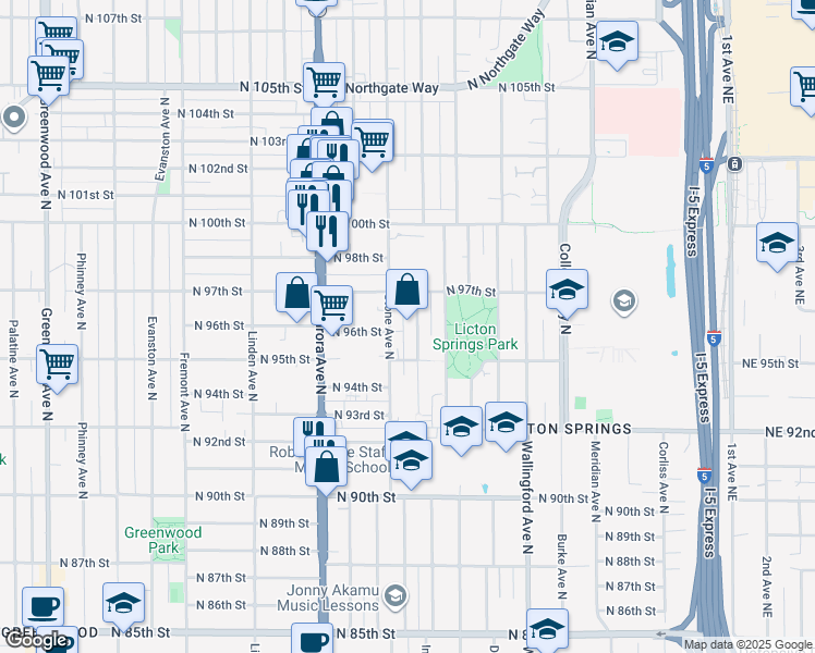 map of restaurants, bars, coffee shops, grocery stores, and more near 9514 Stone Avenue North in Seattle