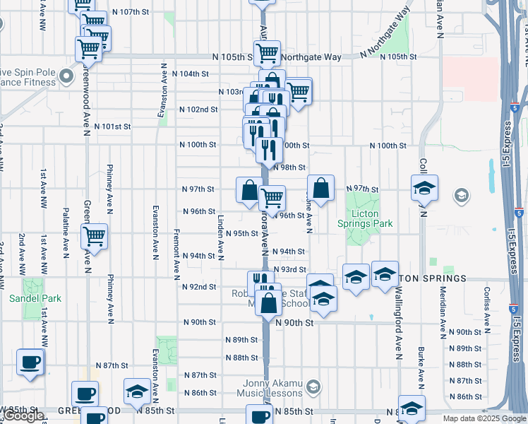 map of restaurants, bars, coffee shops, grocery stores, and more near 9530 Aurora Avenue North in Seattle