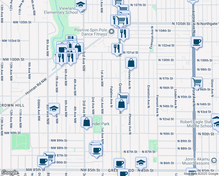 map of restaurants, bars, coffee shops, grocery stores, and more near 9520 Palatine Avenue North in Seattle