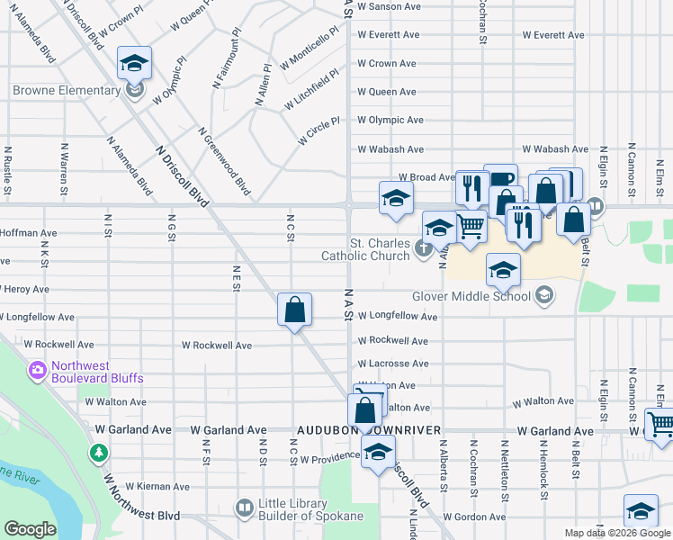map of restaurants, bars, coffee shops, grocery stores, and more near 2908 West Heroy Avenue in Spokane