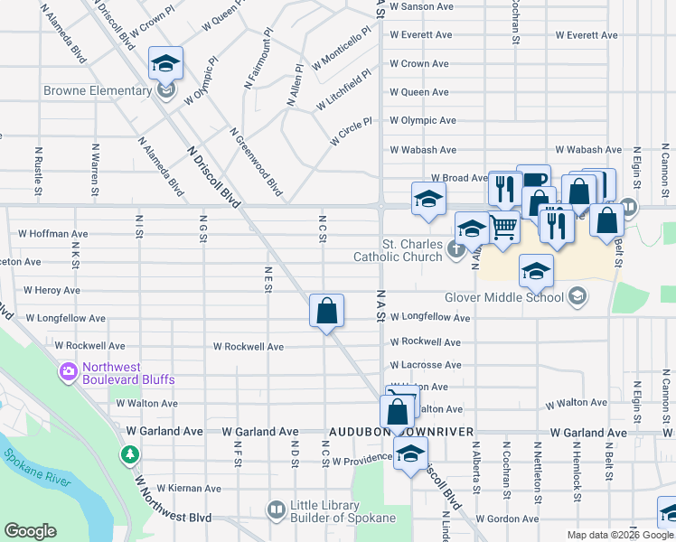 map of restaurants, bars, coffee shops, grocery stores, and more near 3016 West Heroy Avenue in Spokane