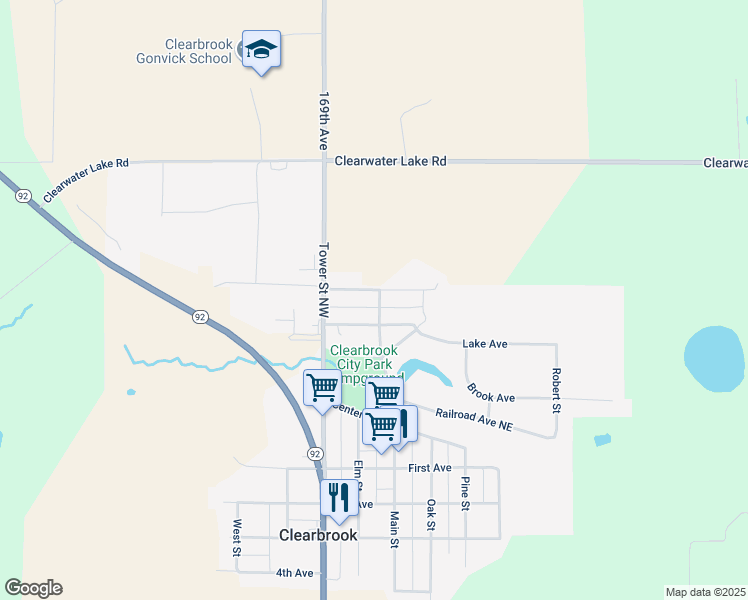 map of restaurants, bars, coffee shops, grocery stores, and more near 319 Main Street in Clearbrook