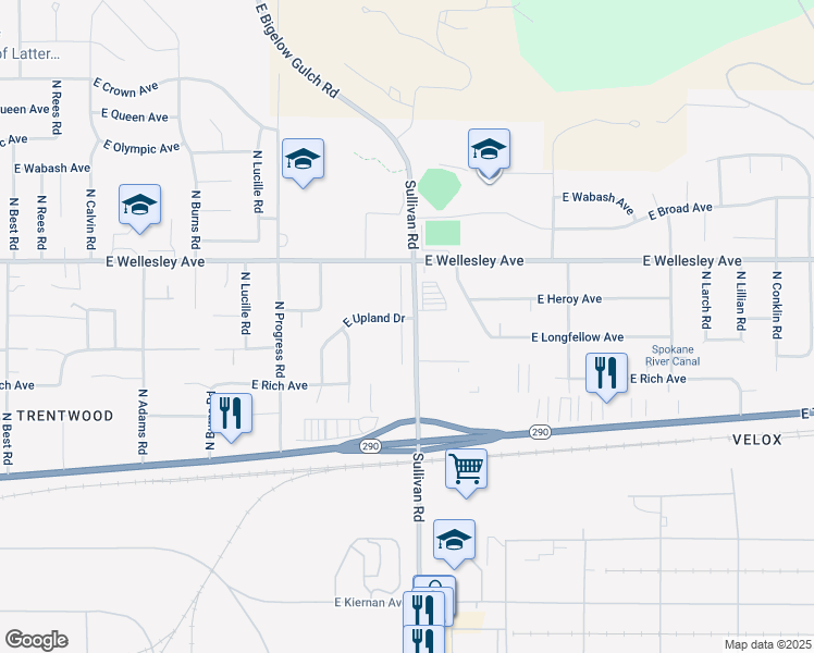 map of restaurants, bars, coffee shops, grocery stores, and more near 4517 North Sullivan Road in Spokane Valley