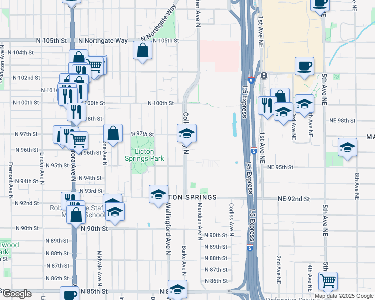 map of restaurants, bars, coffee shops, grocery stores, and more near 9600 College Way North in Seattle
