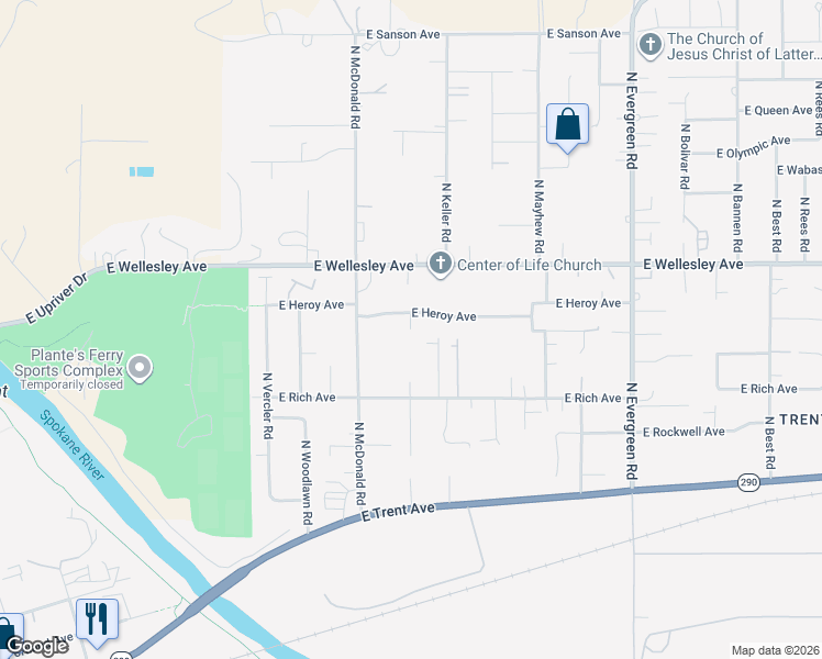 map of restaurants, bars, coffee shops, grocery stores, and more near 4606 North Silas Road in Spokane Valley