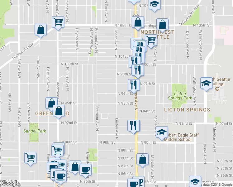 map of restaurants, bars, coffee shops, grocery stores, and more near Linden Ave N & N 96th St in Seattle