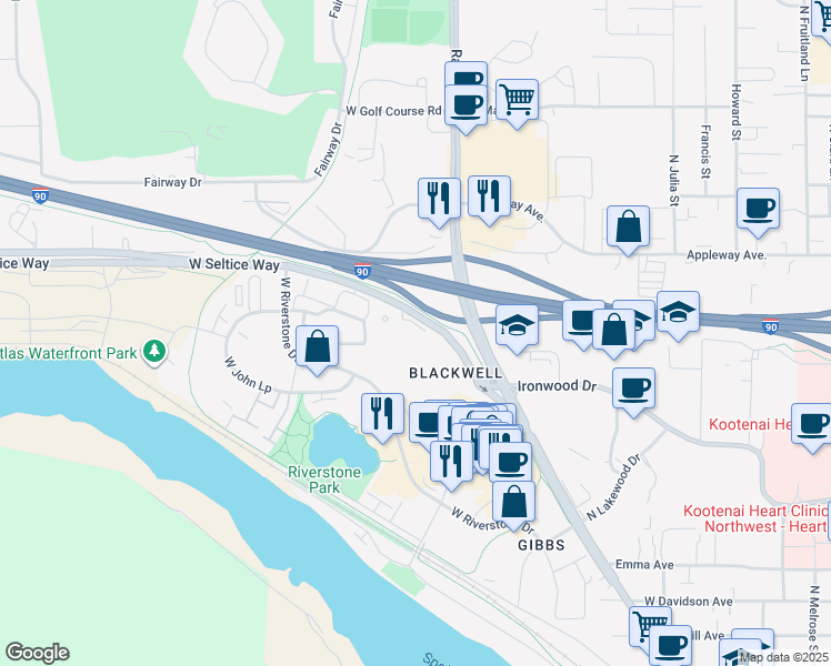 map of restaurants, bars, coffee shops, grocery stores, and more near 2300 West Seltice Way in Coeur d'Alene