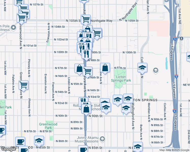 map of restaurants, bars, coffee shops, grocery stores, and more near 1200 North 96th Street in Seattle