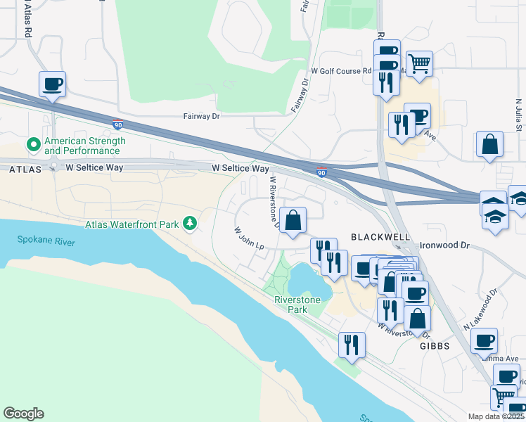 map of restaurants, bars, coffee shops, grocery stores, and more near 2539 John Loop in Coeur d'Alene