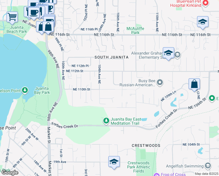 map of restaurants, bars, coffee shops, grocery stores, and more near 10436 Northeast 110th Street in Kirkland