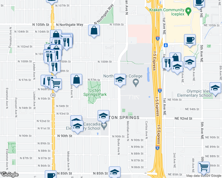 map of restaurants, bars, coffee shops, grocery stores, and more near 9532 Wallingford Avenue North in Seattle