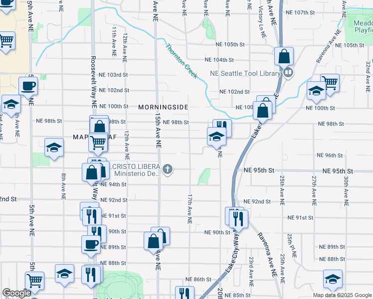 map of restaurants, bars, coffee shops, grocery stores, and more near 1545 Northeast 96th Street in Seattle