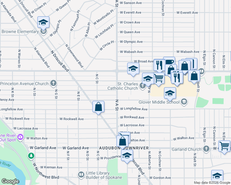 map of restaurants, bars, coffee shops, grocery stores, and more near 2908 West Heroy Avenue in Spokane