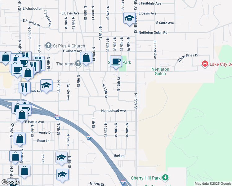 map of restaurants, bars, coffee shops, grocery stores, and more near 2409 North 13th Street in Coeur d'Alene