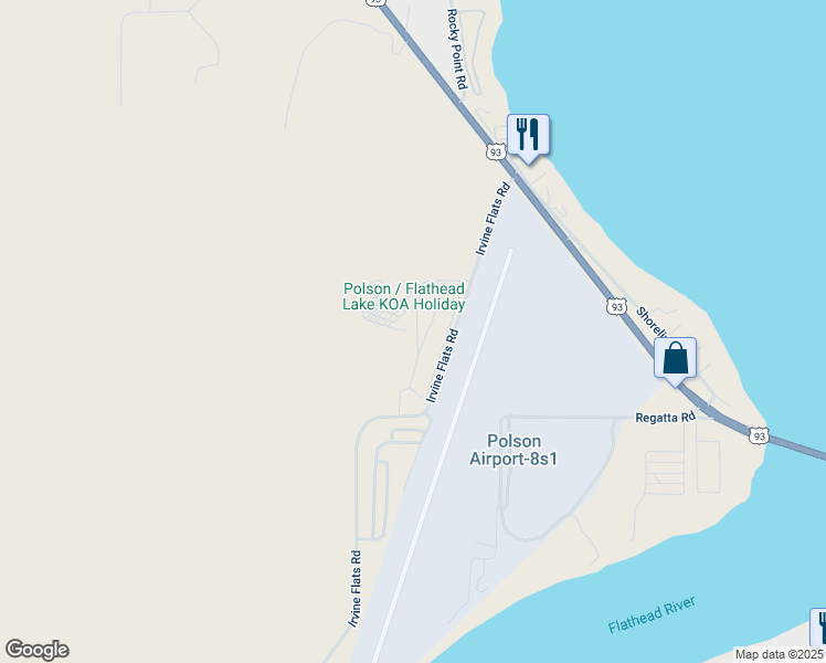 map of restaurants, bars, coffee shops, grocery stores, and more near 200 Irvine Flats Road in Polson