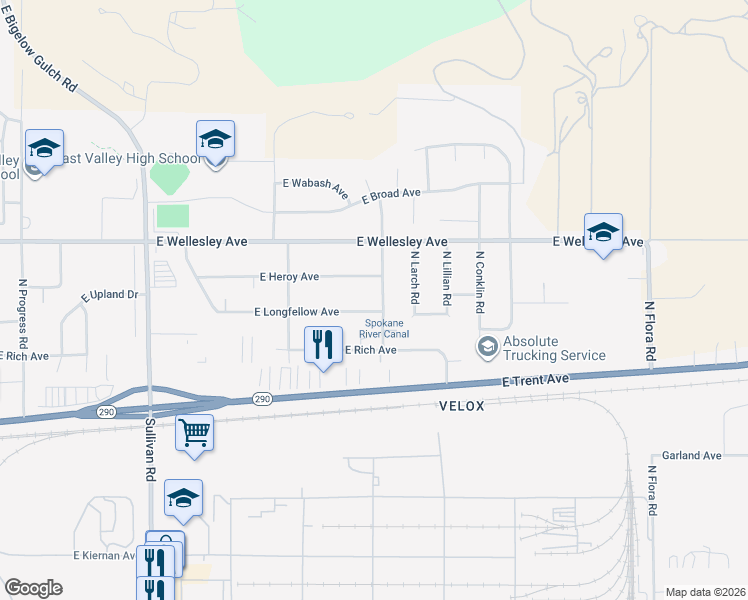 map of restaurants, bars, coffee shops, grocery stores, and more near 16126 East Longfellow Avenue in Spokane Valley