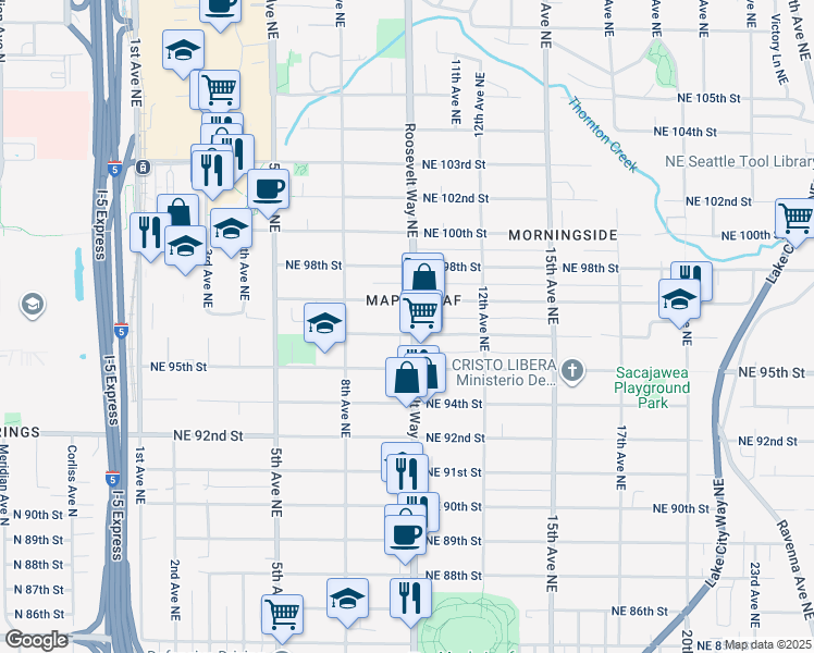 map of restaurants, bars, coffee shops, grocery stores, and more near 9526 Roosevelt Way Northeast in Seattle