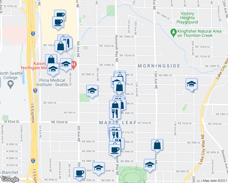 map of restaurants, bars, coffee shops, grocery stores, and more near 9526 Roosevelt Way Northeast in Seattle