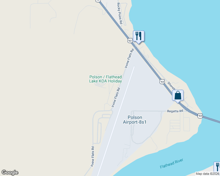 map of restaurants, bars, coffee shops, grocery stores, and more near 200 Irvine Flats Road in Polson