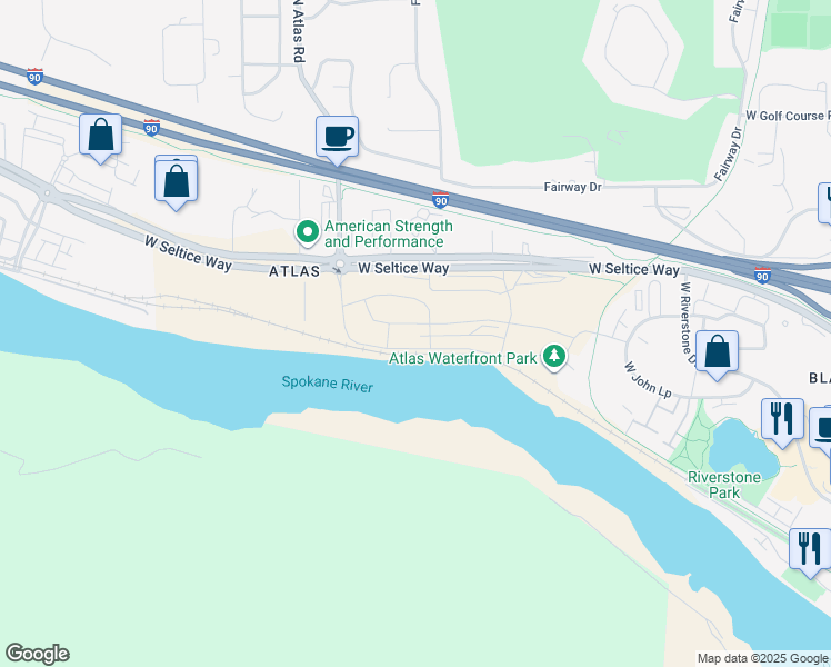 map of restaurants, bars, coffee shops, grocery stores, and more near North Atlas Road in Fernan Lake Village