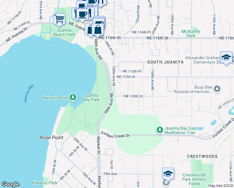 map of restaurants, bars, coffee shops, grocery stores, and more near 11004 100th Avenue Northeast in Kirkland