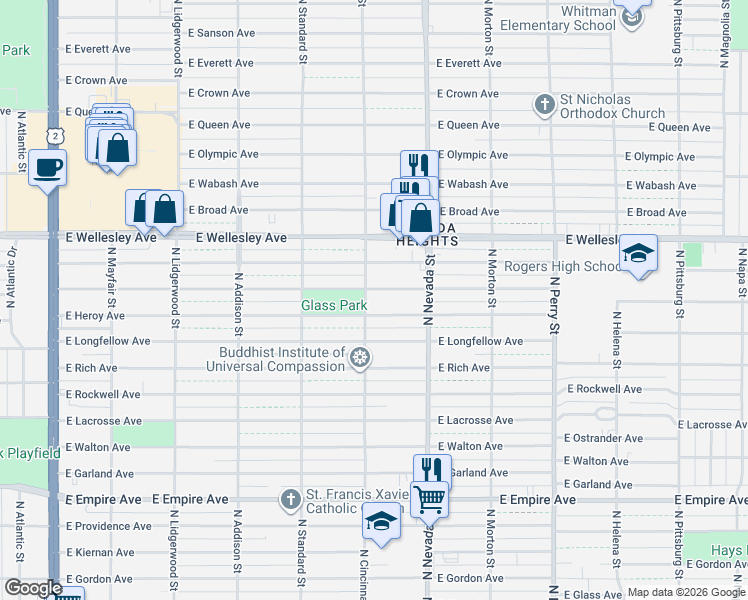 map of restaurants, bars, coffee shops, grocery stores, and more near 4436 North Cincinnati Street in Spokane