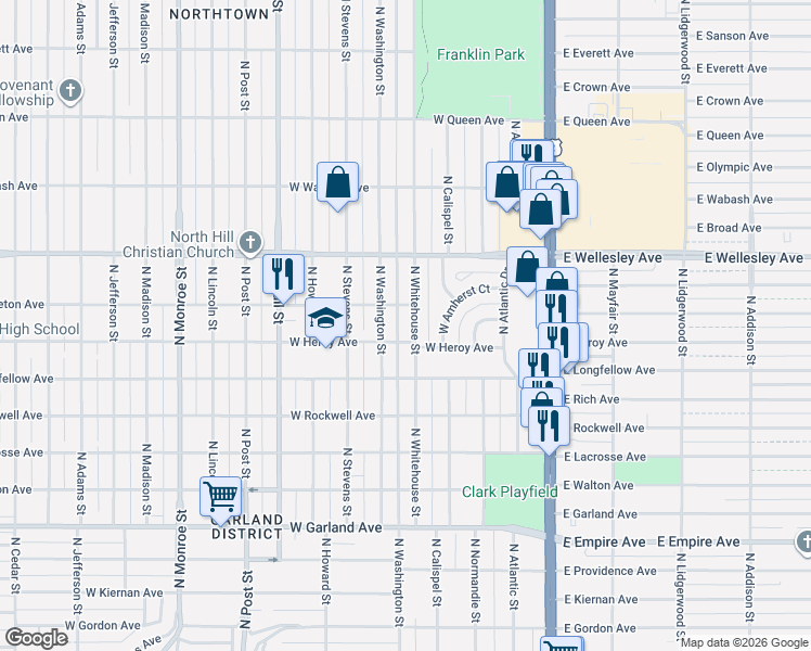 map of restaurants, bars, coffee shops, grocery stores, and more near 4403 North Whitehouse Street in Spokane