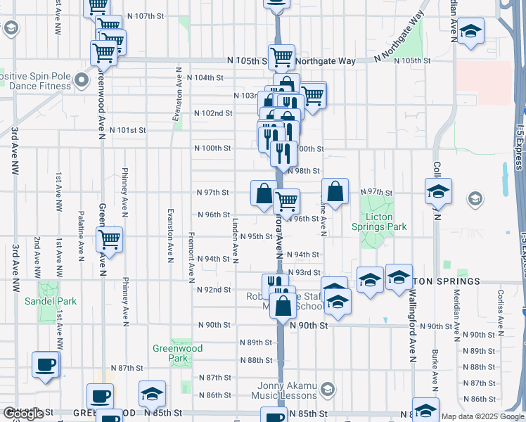 map of restaurants, bars, coffee shops, grocery stores, and more near 950 North 96th Street in Seattle