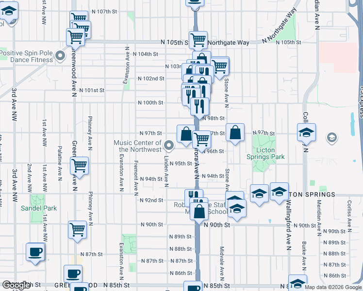 map of restaurants, bars, coffee shops, grocery stores, and more near 927 North 96th Street in Seattle