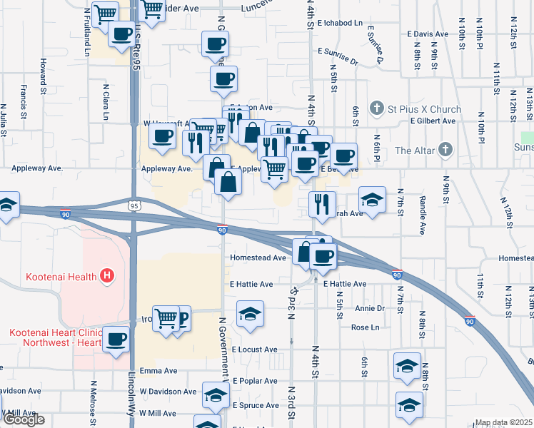 map of restaurants, bars, coffee shops, grocery stores, and more near 2226 North Government Way in Coeur d'Alene