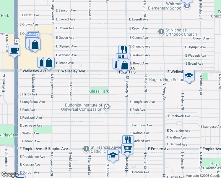 map of restaurants, bars, coffee shops, grocery stores, and more near 4436 North Cincinnati Street in Spokane