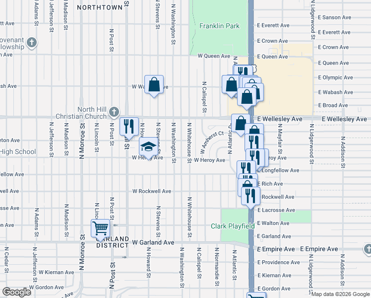 map of restaurants, bars, coffee shops, grocery stores, and more near 4403 North Whitehouse Street in Spokane