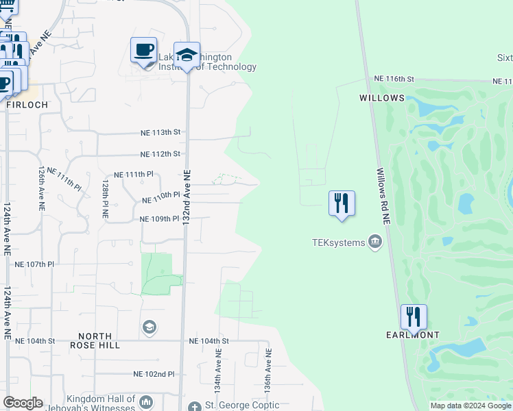 map of restaurants, bars, coffee shops, grocery stores, and more near 13259 Northeast 110th Court in Redmond