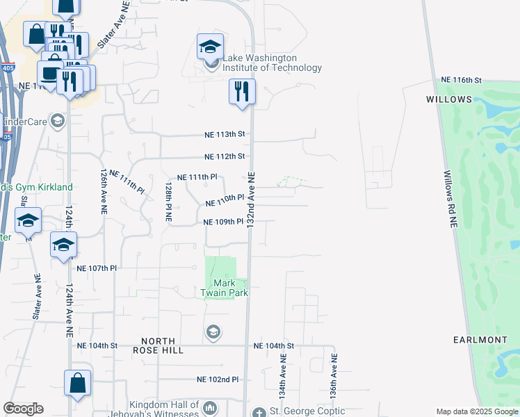 map of restaurants, bars, coffee shops, grocery stores, and more near 10922 132nd Avenue Northeast in Redmond