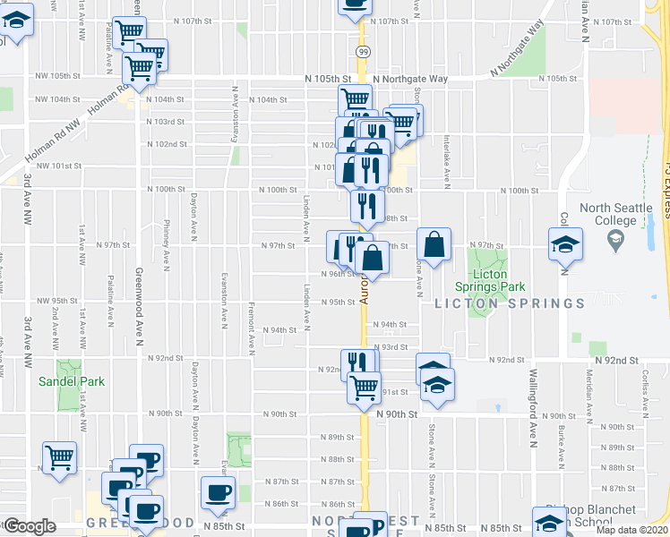 map of restaurants, bars, coffee shops, grocery stores, and more near 927 North 96th Street in Seattle