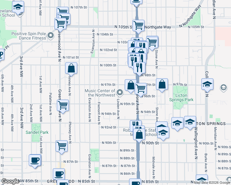 map of restaurants, bars, coffee shops, grocery stores, and more near 749 North 96th Street in Seattle